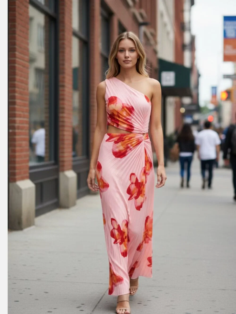 NWOT A&F Giselle Pleated One-Shoulder Cutout Maxi Dress Pink Floral Medium